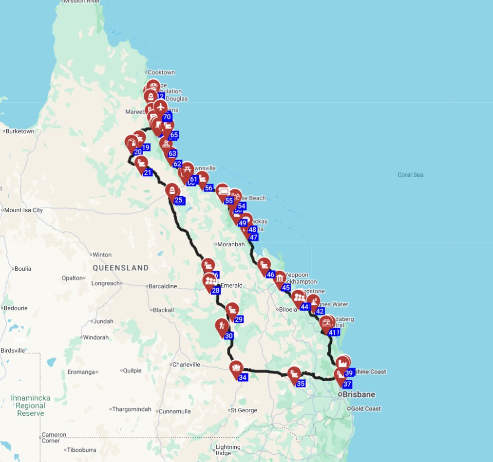 Map for טיול קרוואנים באוסטרליה השכרת קרוואן באוסטרליה מקיינס ותכנון מסלול מלא